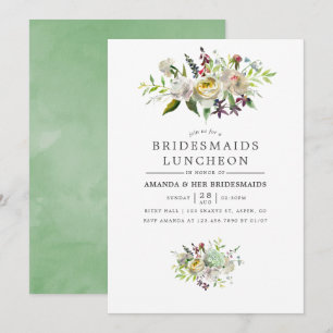 Salie groen en wit bloemstuk bruidsmeisjes lunch kaart