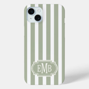Salie groen en witte monogram strepen iPhone 15 mini hoesje