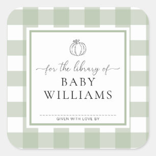 Salie groen geruit pompoen bibliotheek boekplaat vierkante sticker