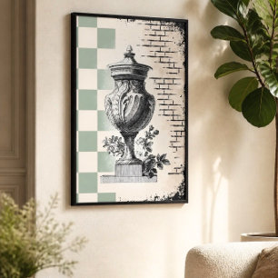 Salie groen geruit vintage urn klassieke schets poster