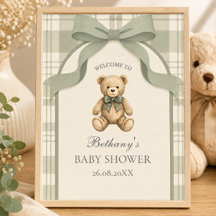 Salie Groen Gingham Teddybeer Welkom Poster