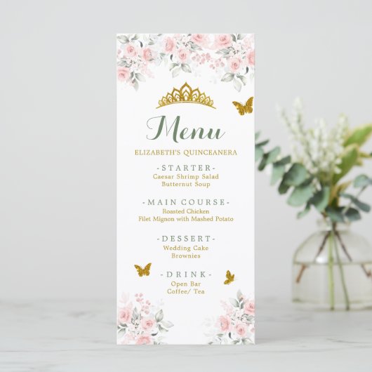 Salie Groen Goud Blush Bloemen Vlinder Quinceañera Menu (Staand voorkant)