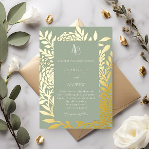 Salie groen goud botanisch monogram luxe trouwfees folie uitnodiging