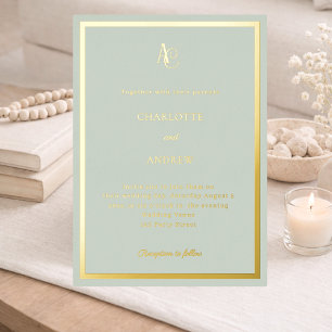 Salie groen goud moderne monogram luxe trouw  folie uitnodiging