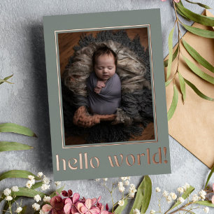 Salie Groen Hello World Foto Geboorteaankondiging Folie Uitnodiging