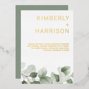 Salie groen laat moderne bruiloft gouden folie uitnodiging