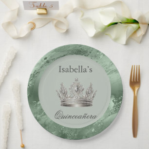 Salie Groen Metallic Zilver Tiara Kroon Quinceañer Papieren Bordje