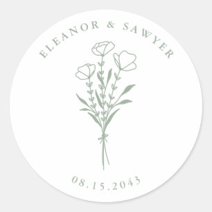 Salie Groen Minimalistische Bloemen Boeket Huwelij Ronde Sticker