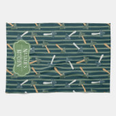 Salie Groen Monogram Paddestoel Patroon Retro Theedoek (Horizontaal)