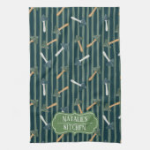 Salie Groen Monogram Paddestoel Patroon Retro Theedoek (Verticaal)