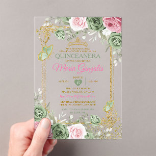 Salie Groen Quinceañera Roze Gouden Kroon Vlinder Acryl Uitnodigingen