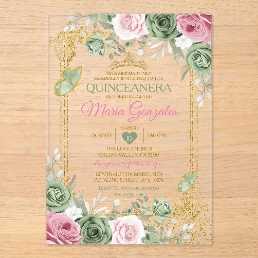 Salie Groen Quinceañera Roze Gouden Kroon Vlinder Acryl Uitnodigingen (Voorkant)
