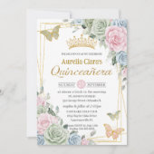 Salie Groen Roze Blauw Bloemen Vlinder Quinceañera Kaart (Voorkant)