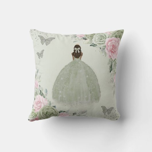 Salie Groen Roze Bloemen Zilver Quinceañera Keepsa Kussen (Achterkant)