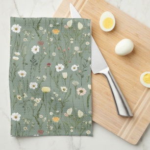 Salie Groen Witte Gele Wilde Bloemen Boho Trendy Theedoek