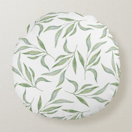 Salie Groene Aquarel Bladeren Botanisch Patroon Rond Kussen