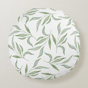 Salie Groene Aquarel Bladeren Botanisch Patroon Rond Kussen