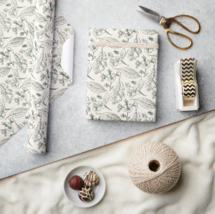 Salie Groene Bladeren Bloemmotief op Ivoor Ecru Cadeaupapier