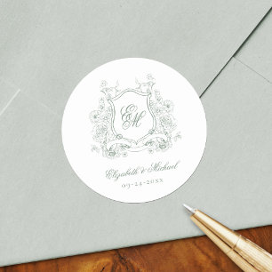 Salie Groene Bloemenkroon Monogram Elegante Trouw Ronde Sticker