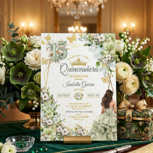 Salie groene bloemige gouden vlinders Quinceañera Kaart