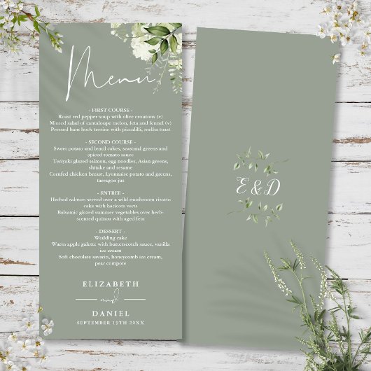 Salie Groene Bloemige Groene Monogram Huwelijksdin Menu