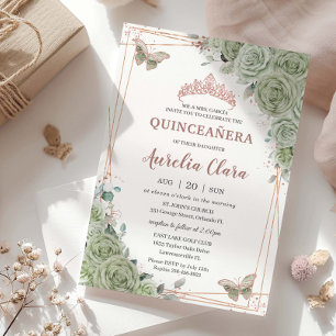 Salie Groene Bloemige Roze Gouden Quinceañera Verj Kaart