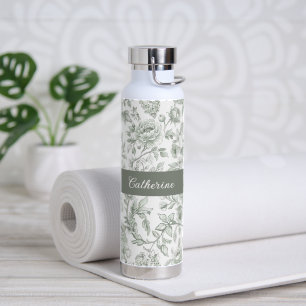 Salie Groene Bloemige Vintage Toile Monogram Naam Waterfles