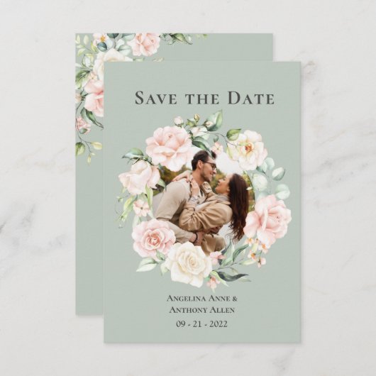 Salie Groene Blush Waterverf Foto Bloem Bruiloft S Save The Date (Voorkant / Achterkant)