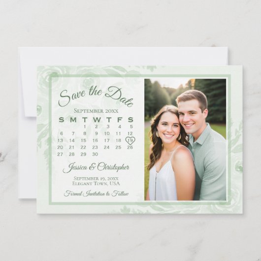 Salie Groene Boho Pioenrozen Kalender & Foto Bruil Save The Date (Voorkant)