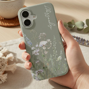 Salie Groene Boho Waterverf Wilde Bloemen iPhone 16 Hoesje