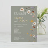 Salie Groene Boho Wilde Bloem Huwelijksprogramma Kaart (Staand voorkant)
