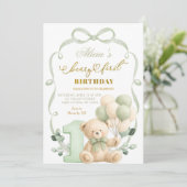 Salie Groene Boog Coquette Beary Eerste Verjaardag Kaart (Staand voorkant)