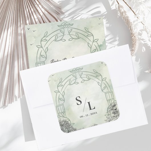 Salie Groene Boog Monogram Beginletters Trouw Enve Vierkante Sticker