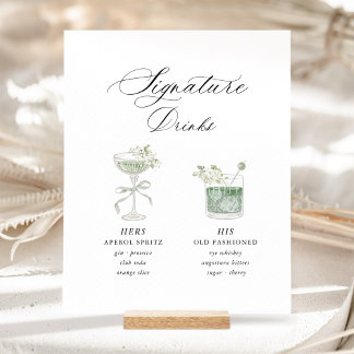 Salie Groene Botanische Signature Drinks Bruiloft Reclamebord Met Voetstuk