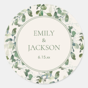 Salie Groene Eucalyptus Bladeren Crème Huwelijk Ronde Sticker