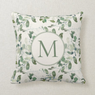 Salie Groene Eucalyptus Bladeren Crème Monogram Kussen