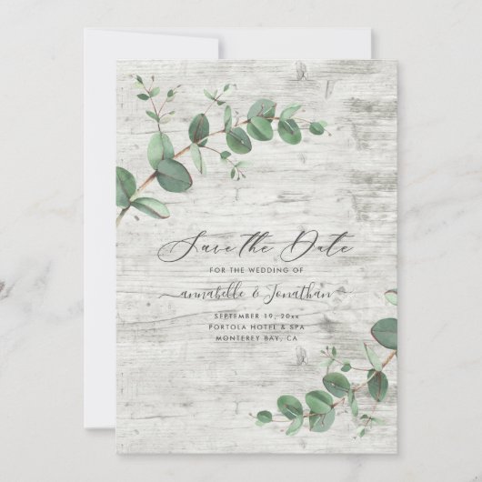 Salie groene Eucalyptus botanische bladeren witte Save The Date (Voorkant)