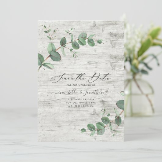 Salie groene Eucalyptus botanische bladeren witte Save The Date (Staand voorkant)