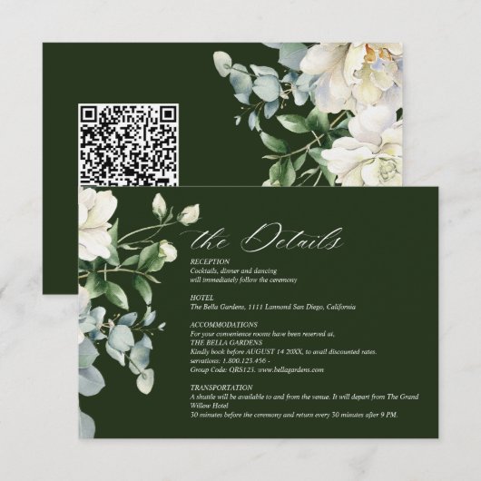 Salie Groene Eucalyptus & Roze Ivoren QR Code Huwe Informatiekaartje (Voorkant / Achterkant)