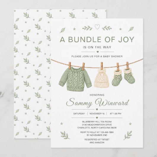 Salie Groene Gebreide Baby Shower Kaart (Voorkant / Achterkant)