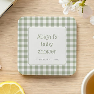 Salie Groene Gingham Check Landelijke Baby Shower Vierkante Kartonnen Onderzetter