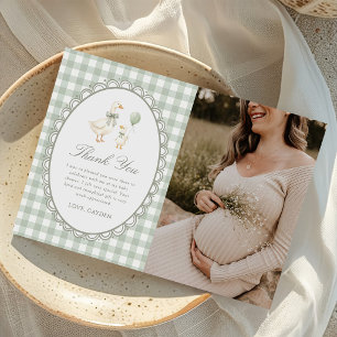 Salie Groene Gingham Dwaze Gans Babyshower Foto Bedankkaart