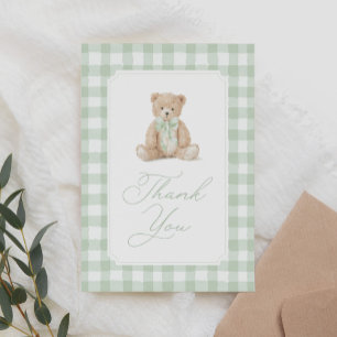 Salie groene Gingham Teddybeer Babyshower Bedankkaart