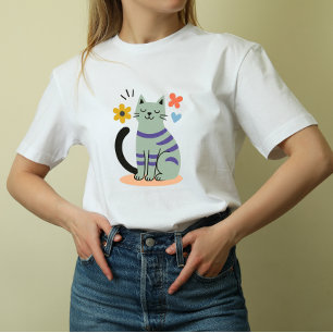 Salie Groene Kat Boho Bloem Mid Century Kunst T-shirt