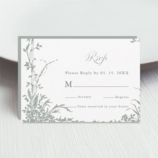 Salie Groene Klassieke Bloemrijke Frame Huwelijks RSVP Kaartje