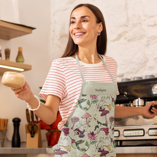 Salie Groene Kolibrie Bloemig Monogrammed Schort