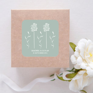 Salie Groene Minimalistische Krullende Bloem Vierk Vierkante Sticker