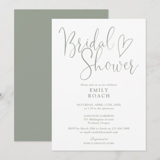 Salie groene moderne elegante script bruidsdouche kaart (Voorkant / Achterkant)