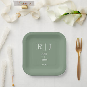 Salie Groene Monogrammen Trendy Elegante Moderne T Papieren Bordje