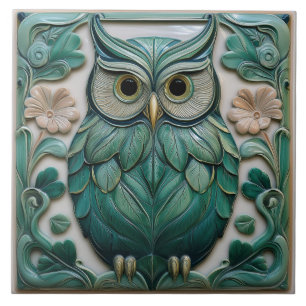 Salie groene namaak reliëf Art Nouveau Uil Tegeltje